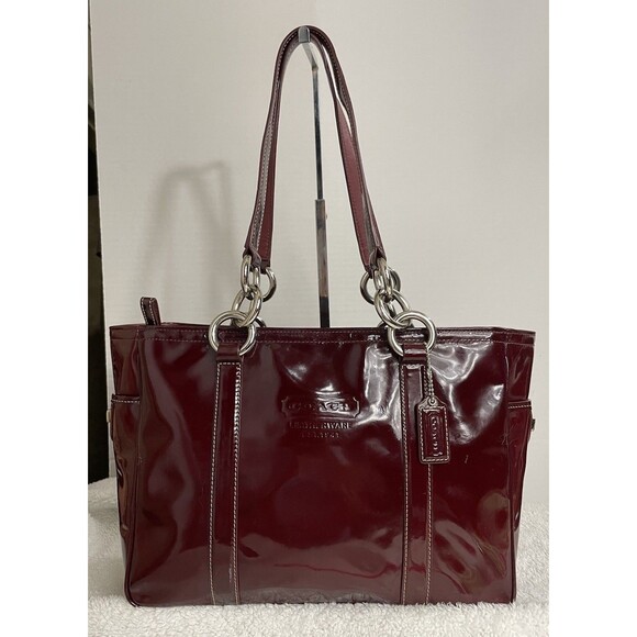 Coach Handbags - Coach Burgundy Patent Leather Tunrlock Pocket Double Handle Tote Bag READ